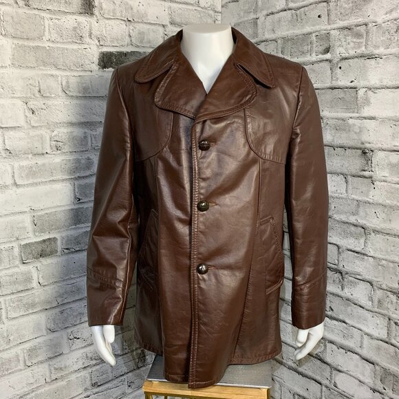 Vintage 70s Chocolate Brown Disco Leather Jacket Retro Mod Trench Coat - Picture 1 of 13
